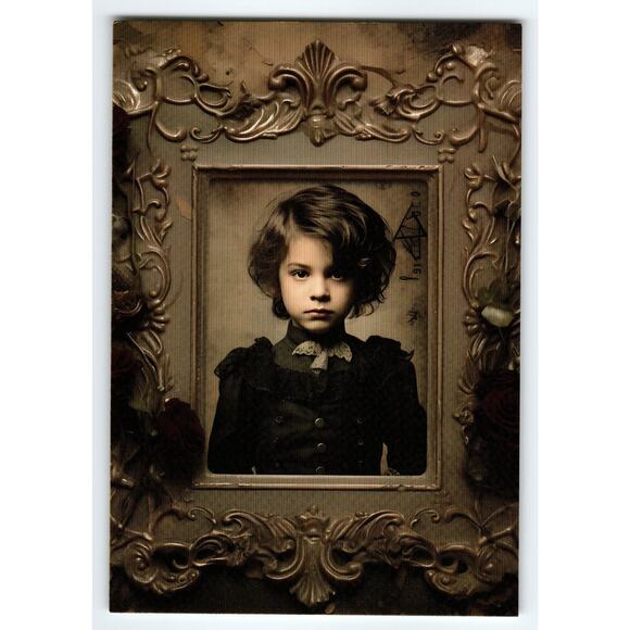 Vintage Halloween Photochrome Postcard Gothic Child in Ornate Frame - Picture 1 of 2